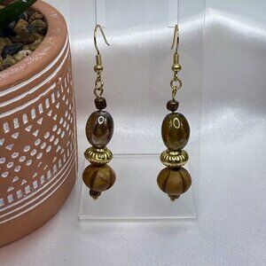 Reimagined Tan Iridescent Glass Wooden Bead Earrings